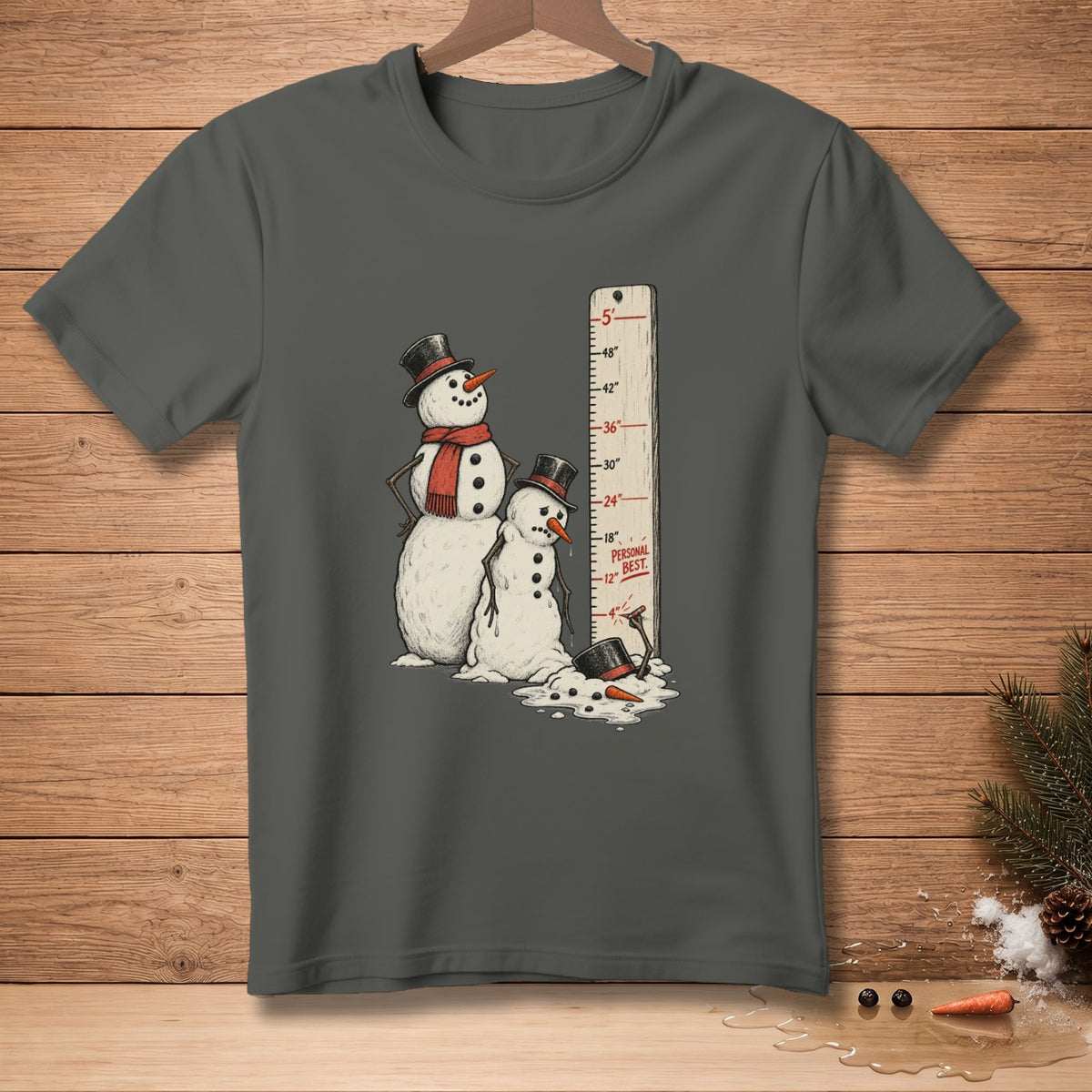 Two snowmen stand next to a height chart marked up to 5 feet, with "Personal Best" at 12 inches.