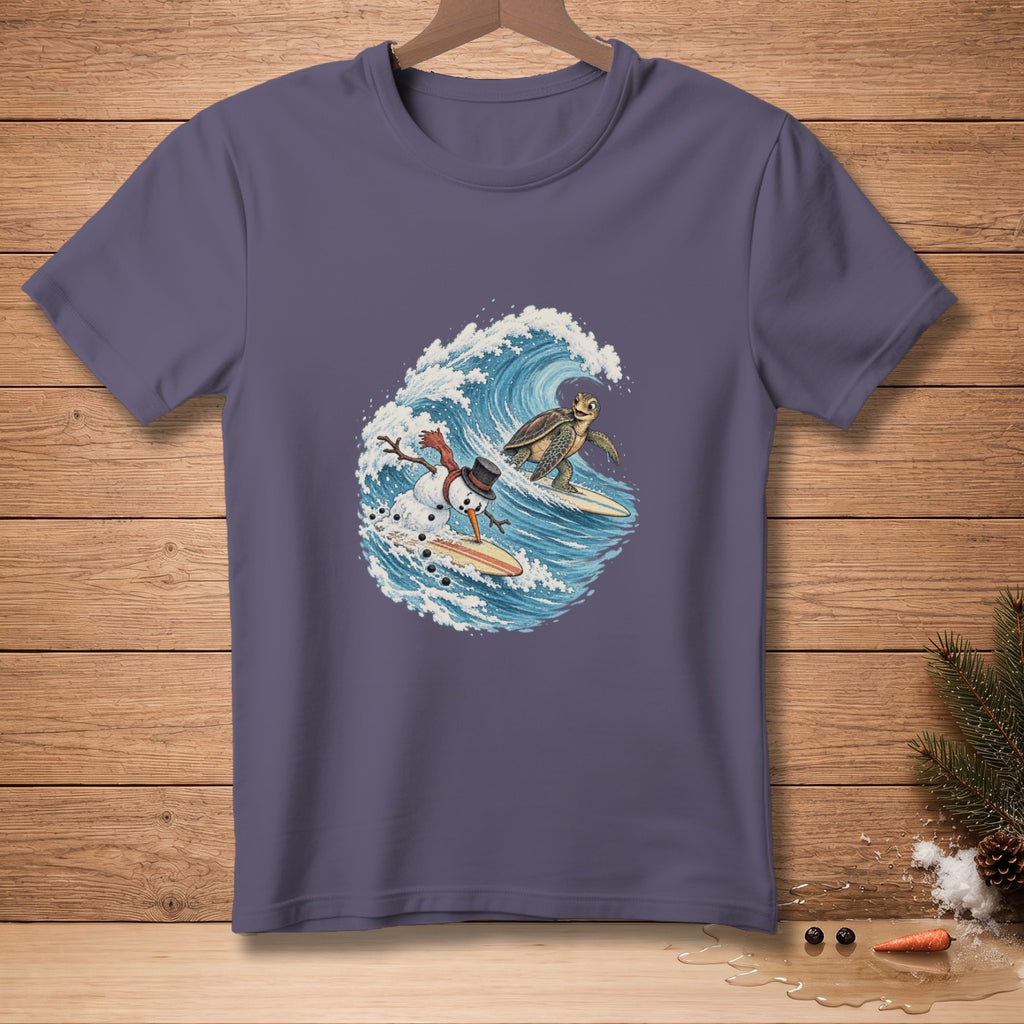 Snowman and turtle surfing on waves, cartoon graphic on purple t-shirt.