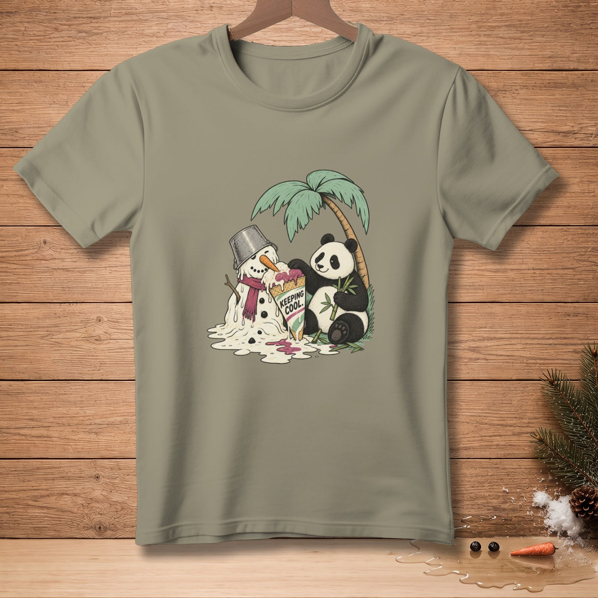 Panda feeding ice cream to melting snowman under palm tree, text "KEEPING COOL."