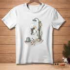White t-shirt featuring a snowman showering with a sign that says "Much Better."