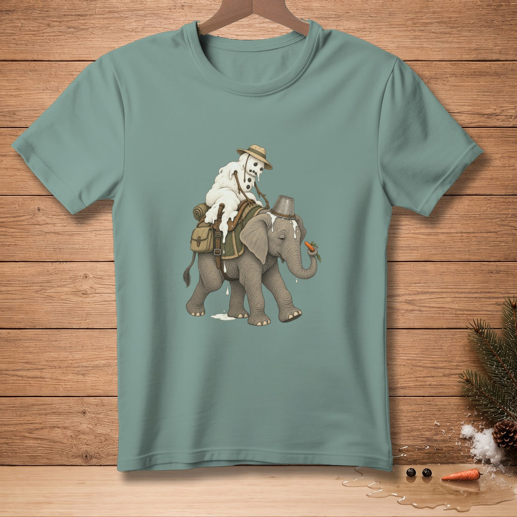 Melting snowman on an elephant with a carrot and a bucket hat.