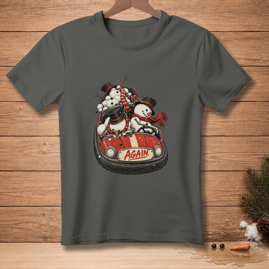 Snowmen in a bumper car with "AGAIN" text on the front.