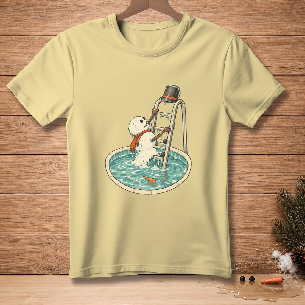 Melting snowman with carrot nose climbing ladder into pool, text "ALMOST".