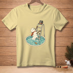 Melting snowman with carrot nose climbing ladder into pool, text "ALMOST".
