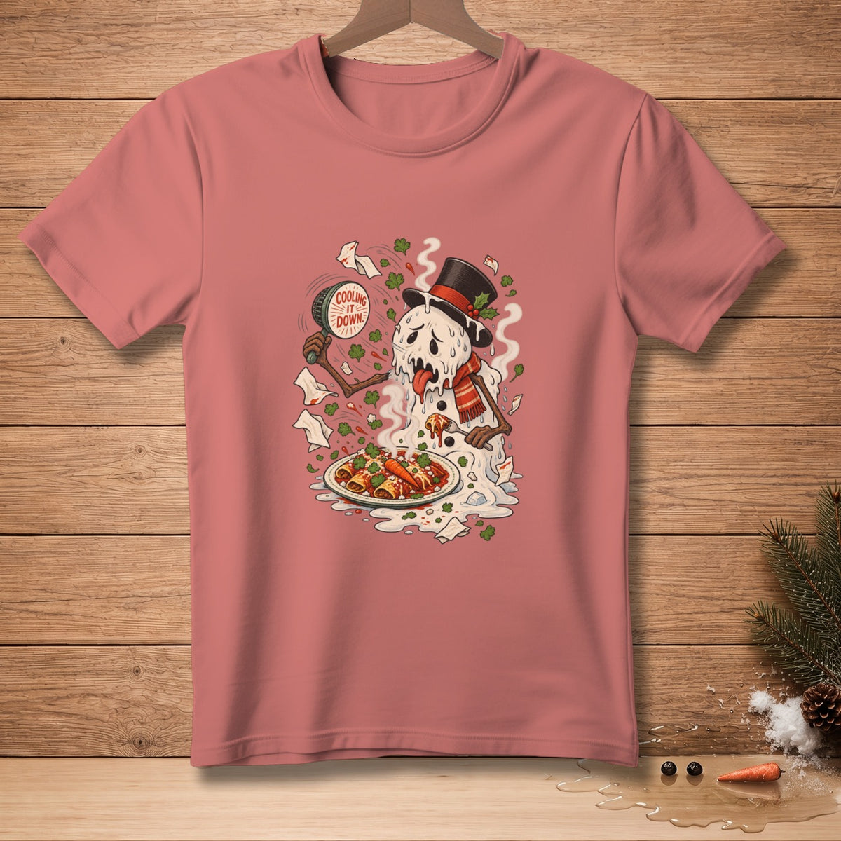 Melting snowman in top hat eats enchiladas, holding a fan that says "Cooling it Down."