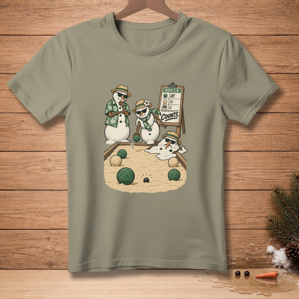 Snowmen playing bocce ball with a scoring board reading "Bocce Counts".