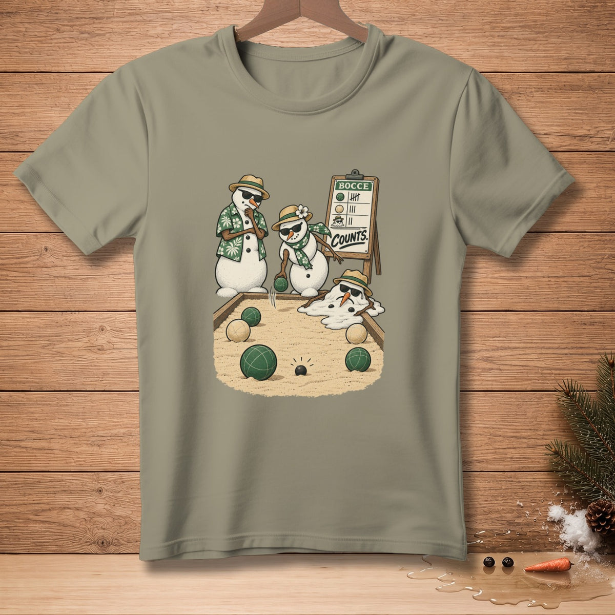 Snowmen playing bocce ball with a scoring board reading "Bocce Counts".