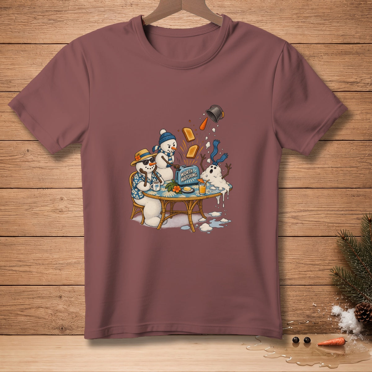 Snowmen by a table, one with a Hawaiian shirt, with toast flying from a toaster.