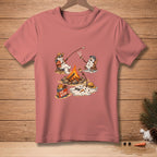 T-shirt with graphic of snowmen melting by a campfire, one melting into a puddle.