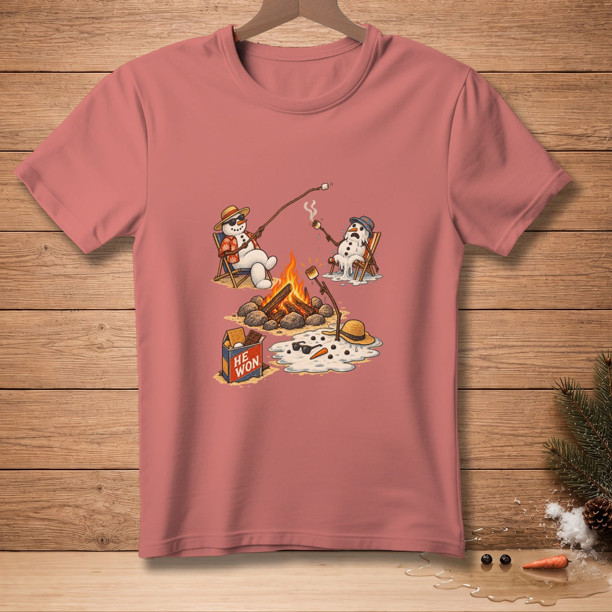 T-shirt with graphic of snowmen melting by a campfire, one melting into a puddle.