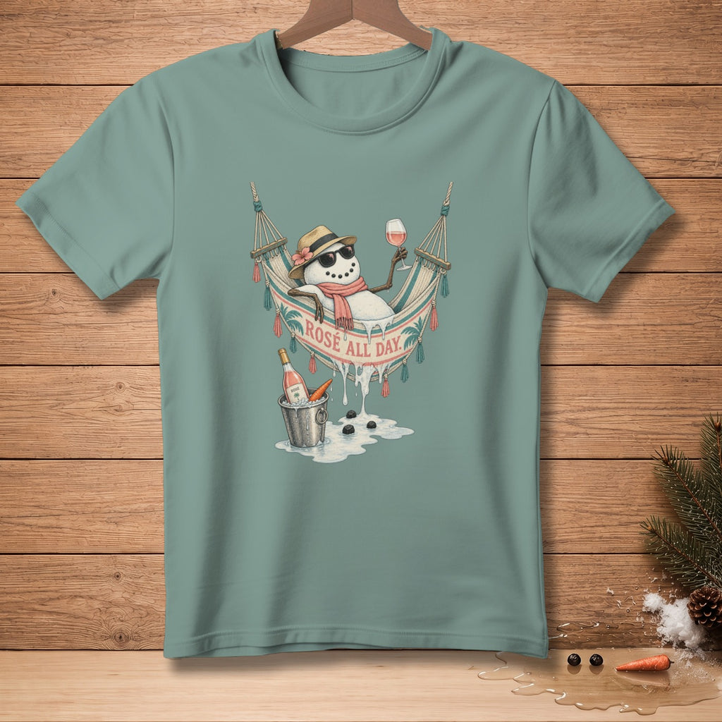 Snowman relaxing in a hammock with wine and text "ROSE ALL DAY".