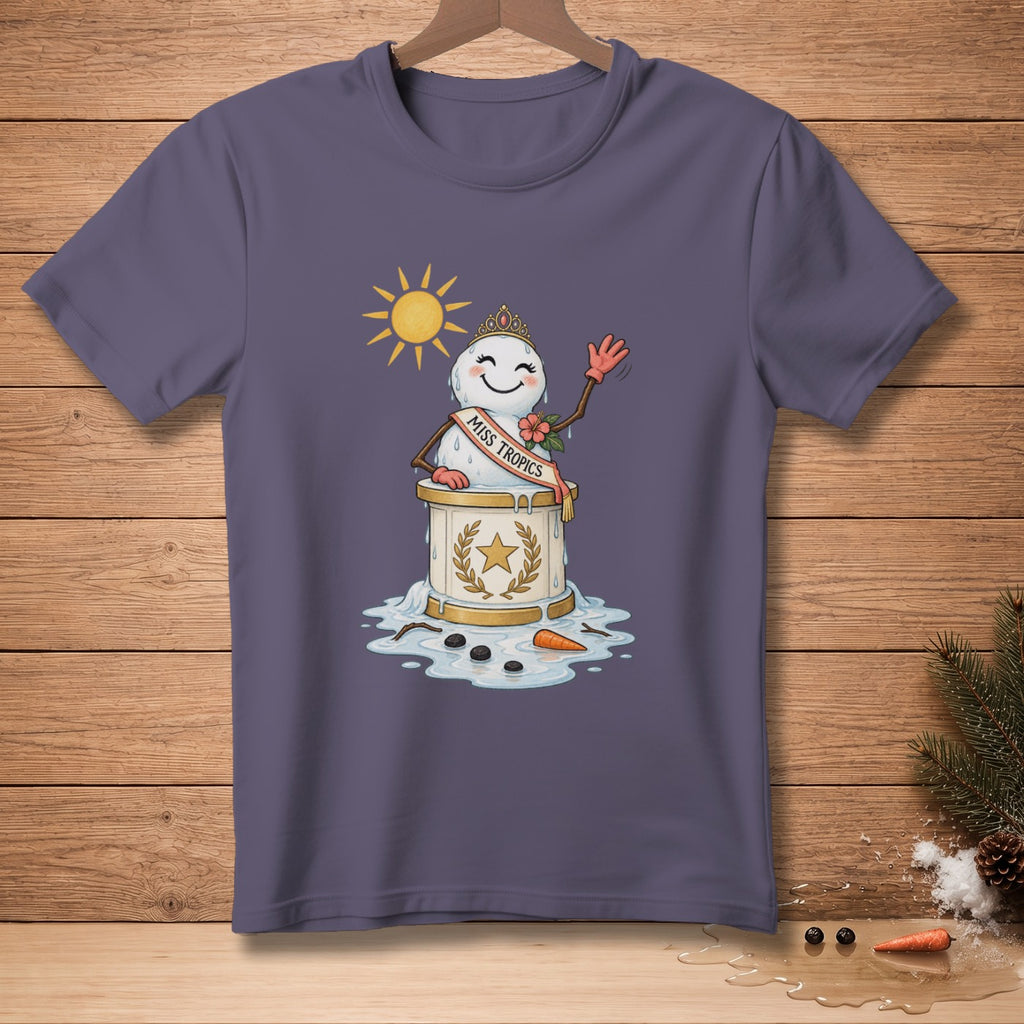 Melting snowman wearing a crown and "Miss Tropics" sash waves under a sun.