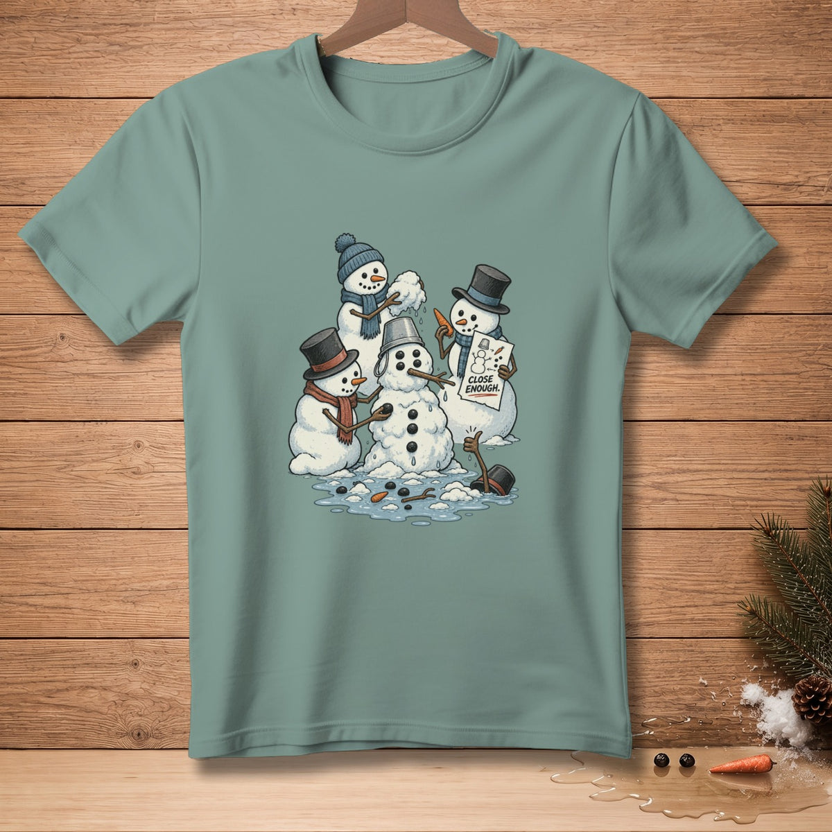 Four snowmen are being built with a sign that says "CLOSE ENOUGH".