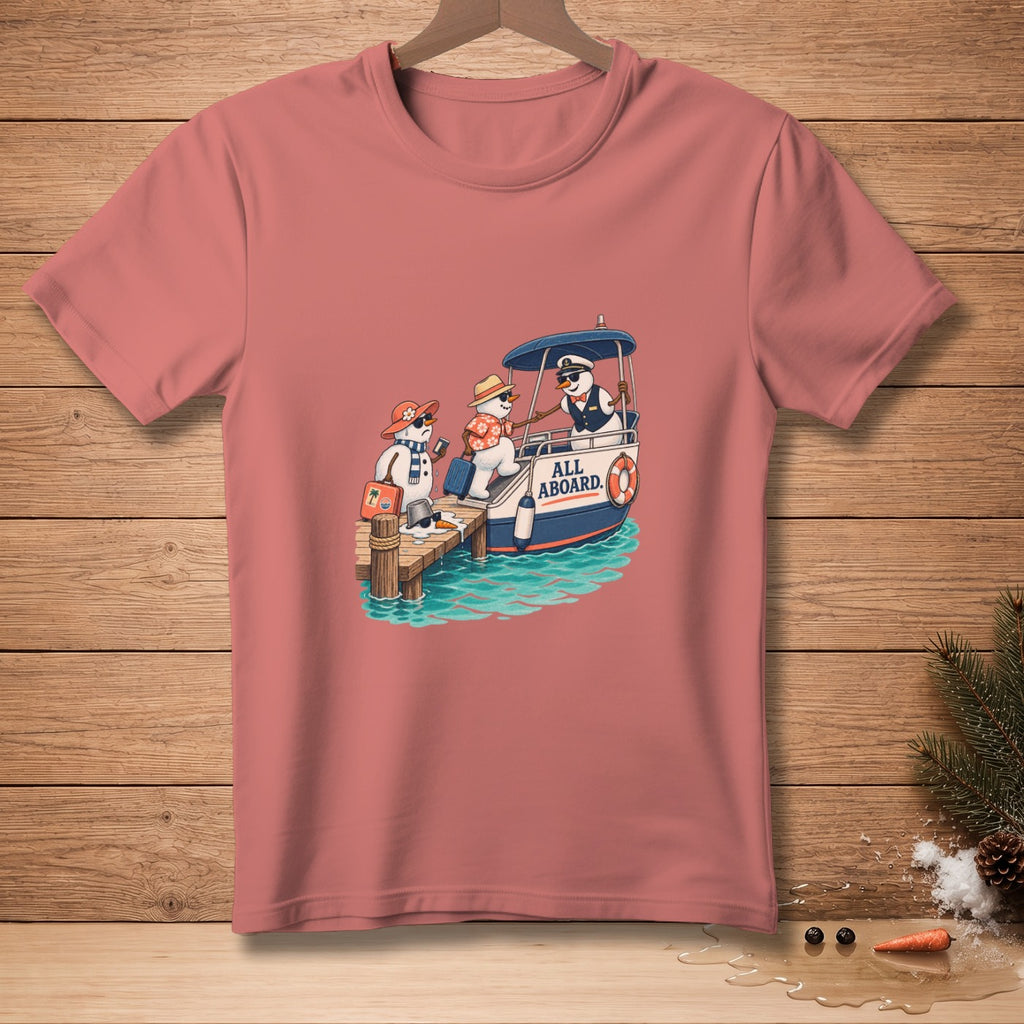 Three snowmen are boarding a boat with "ALL ABOARD" text.