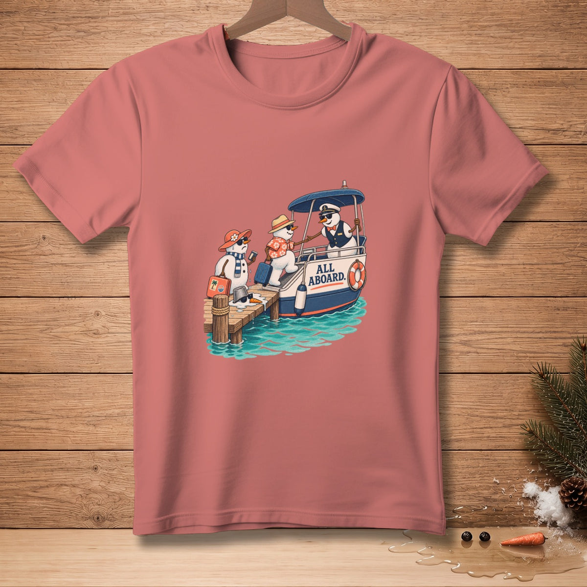 Three snowmen are boarding a boat with "ALL ABOARD" text.