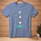 Blue t-shirt with cartoon of a snowman diving into water with "Good Luck" sign.