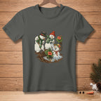Three snowmen planting flowers and watering them with a watering can.
