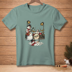 Snowmen playing instruments on stage with "Encore" written on the drum.