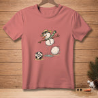 T-shirt with a cartoon snowman wearing a hat and scarf, kicking a soccer ball.
