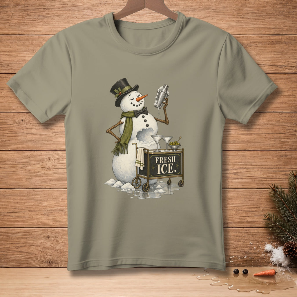 Snowman making cocktails with shaker and bar cart labeled "FRESH ICE."