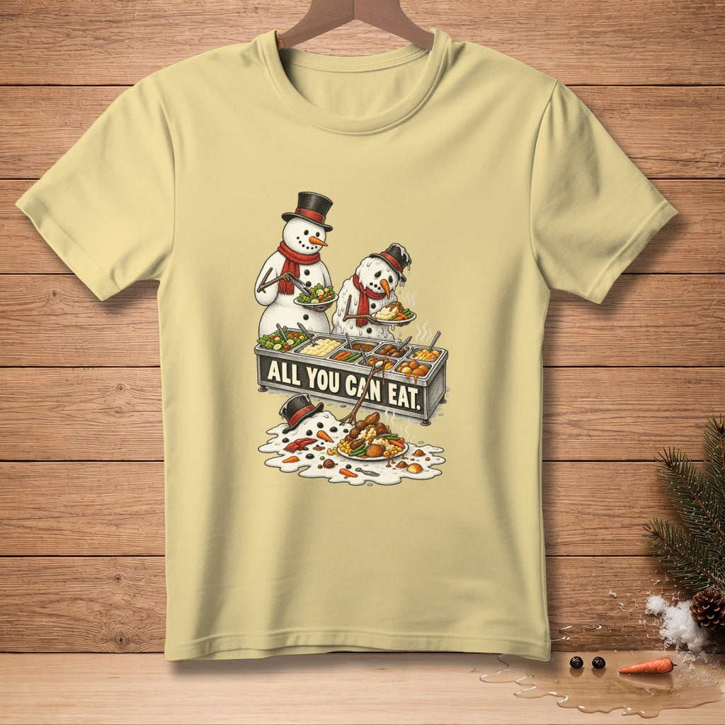 Snowmen at a buffet with text "ALL YOU CAN EAT."