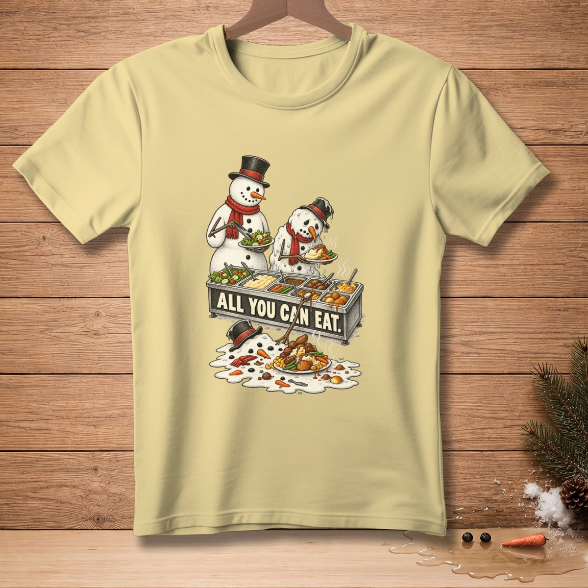 Snowmen at a buffet with text "ALL YOU CAN EAT."
