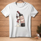 White t-shirt with melting snowman holding a glass next to a wine bottle.