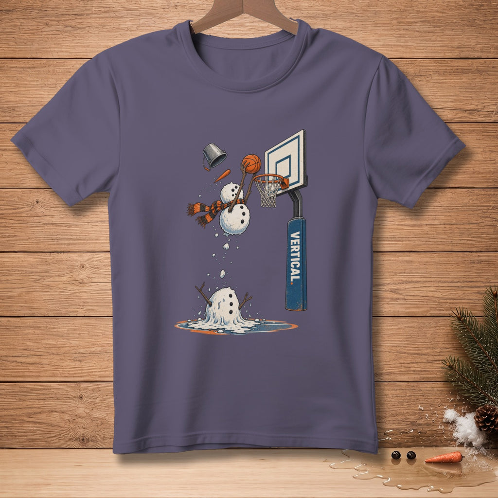 Snowman playing basketball, melting with text "VERTICAL." on the pole.