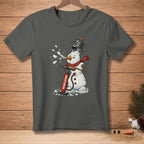 Snowman with bucket on head and scarf uses a pump labeled "Reinflating."