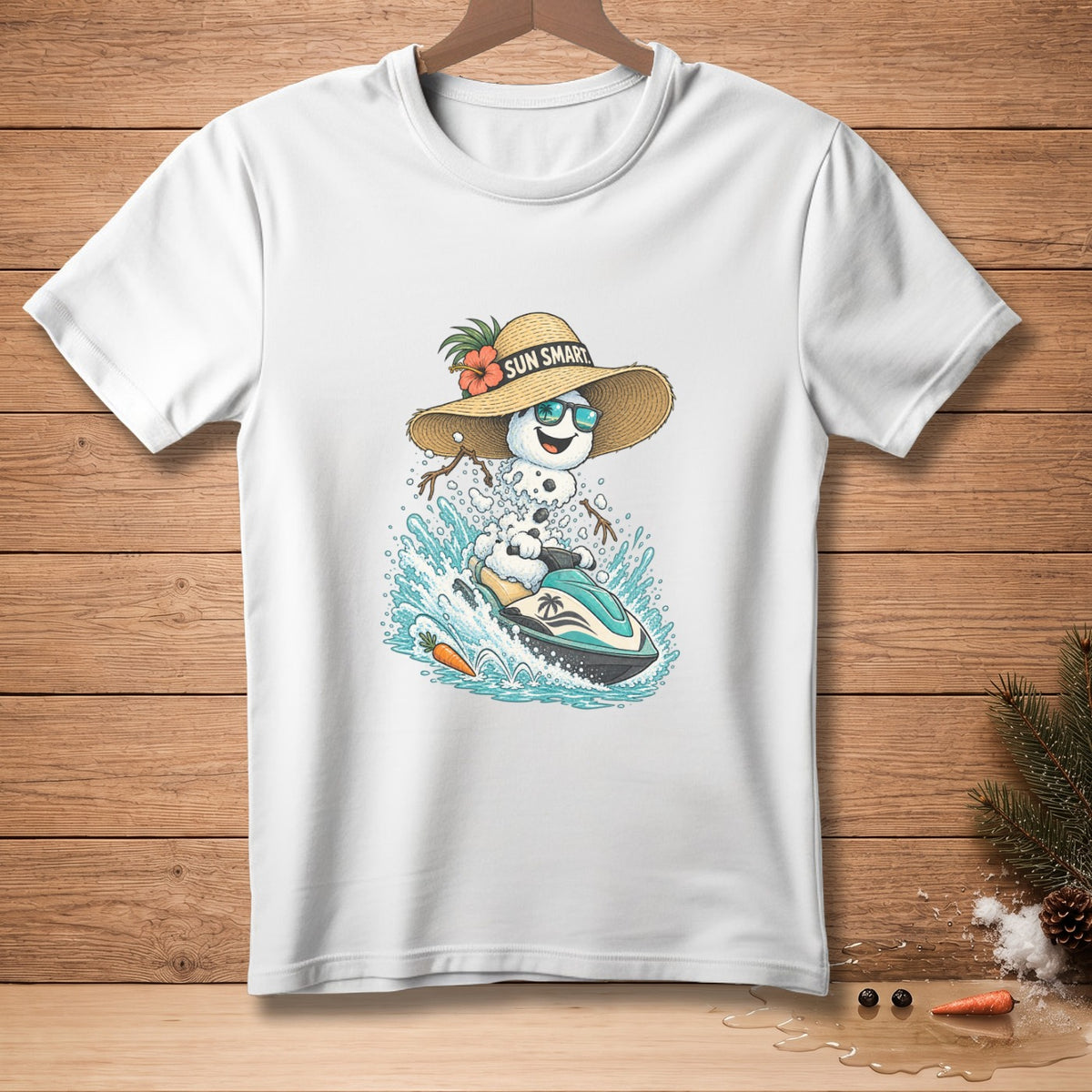 Snowman with sunglasses and straw hat riding jet ski with "Sun Smart" text.