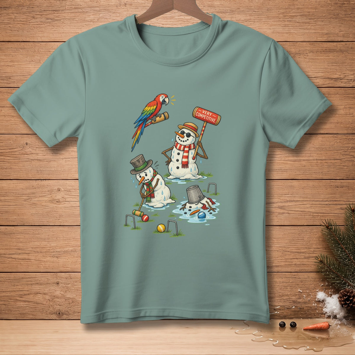 Three melting snowmen play a competitive croquet game while a parrot watches.
