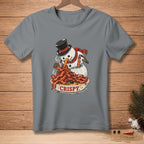Snowman wearing a top hat and scarf eating a pile of crispy bacon.