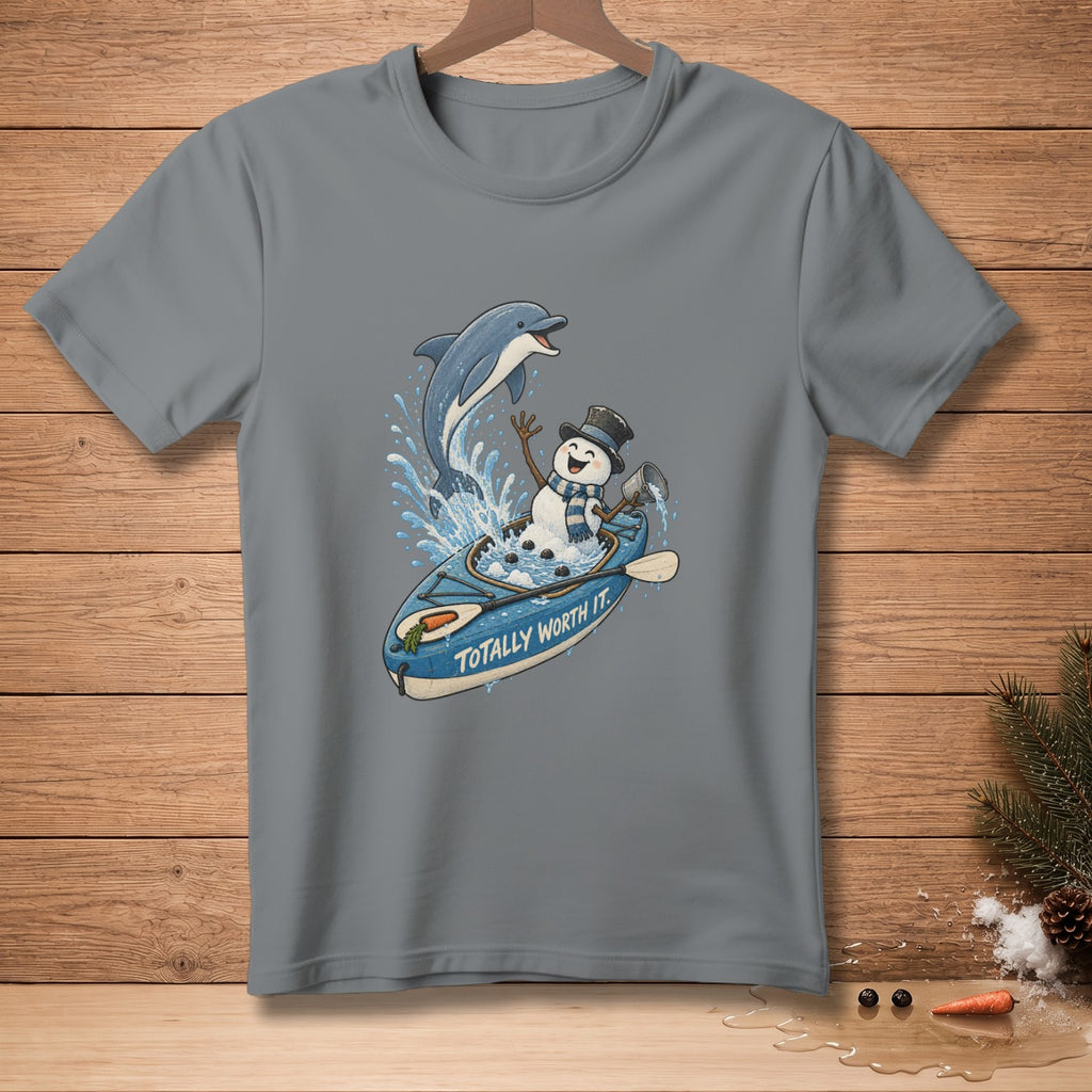 Snowman in a kayak with a dolphin jumping over it, text "TOTALLY WORTH IT."
