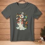 Melting snowman playing maracas with parrot and text "FEEL THE RHYTHM."