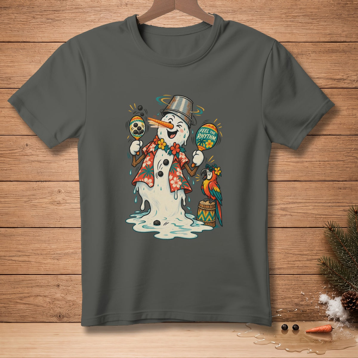 Melting snowman playing maracas with parrot and text "FEEL THE RHYTHM."