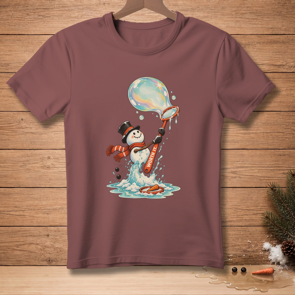 Snowman blowing a large bubble with a bubble wand that says "WORTH IT."