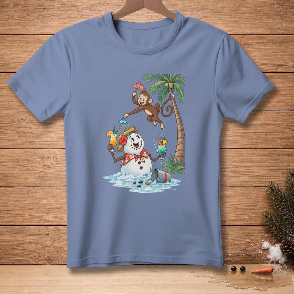 Cartoon snowman with cocktails and monkey under a palm tree.