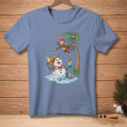 Cartoon snowman with cocktails and monkey under a palm tree.