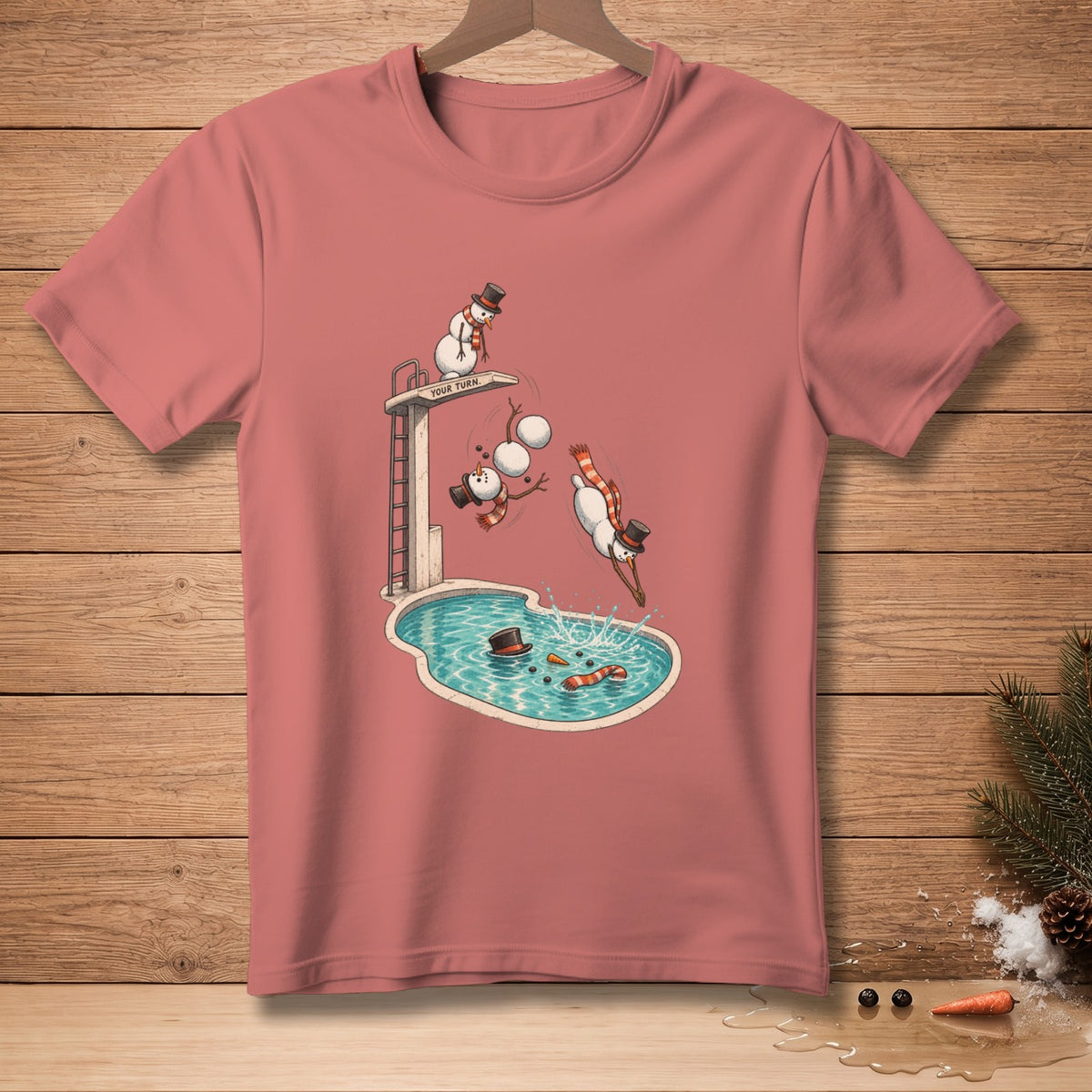 Snowmen diving into a pool, one reads "YOUR TURN."