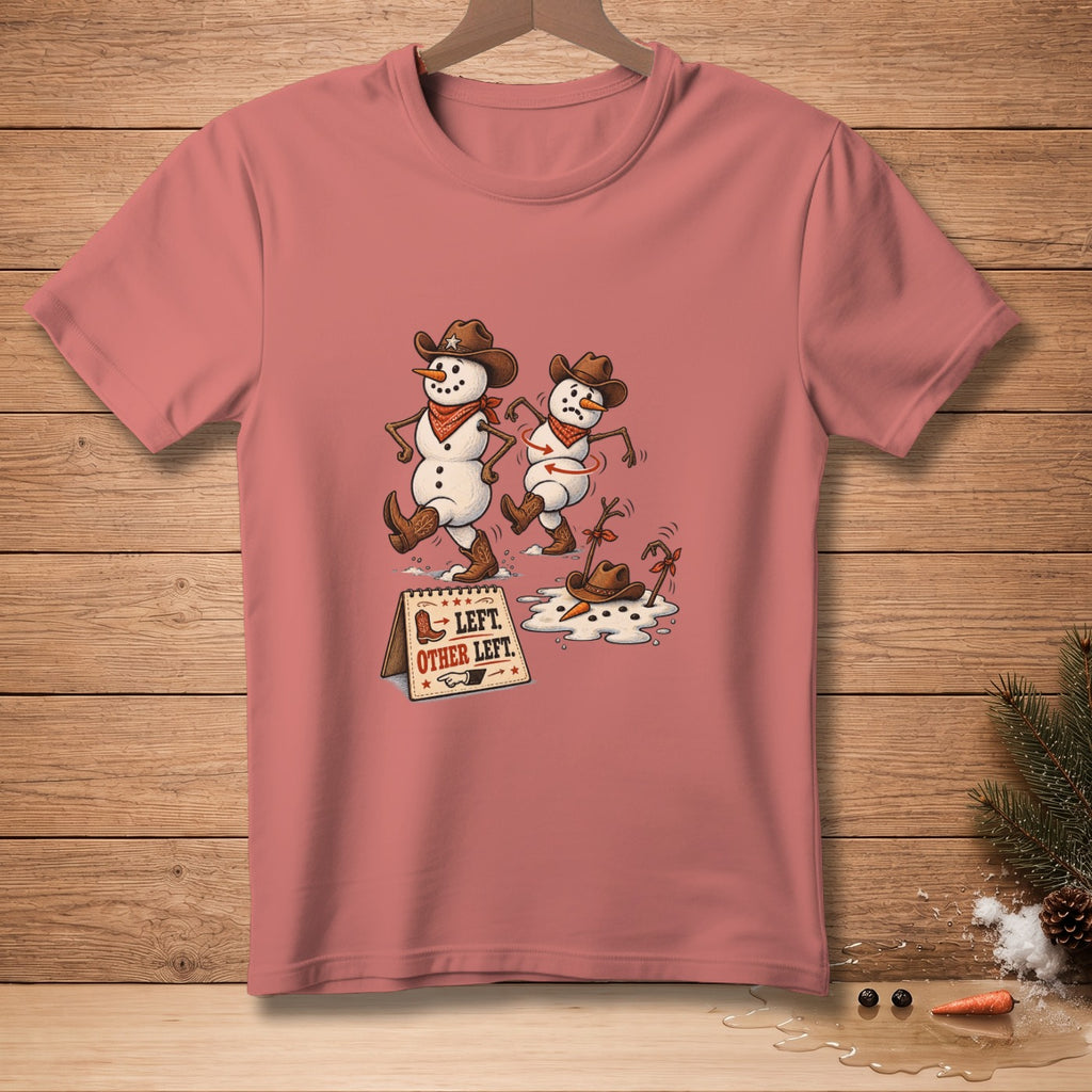 Two cowboy snowmen dance with a sign that says "Left. Other Left."