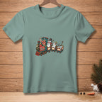 Green t-shirt featuring a cartoon train with snowmen and "All Aboard" text.