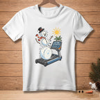 Snowman melting on a treadmill with text "GETTING MY STEPS IN."