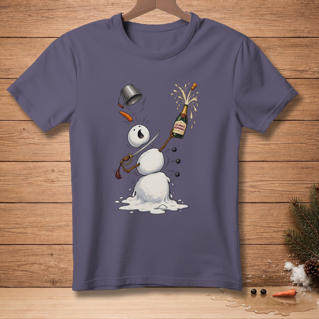 T-shirt with melting snowman holding champagne bottle that says "Celebrate Responsibly".
