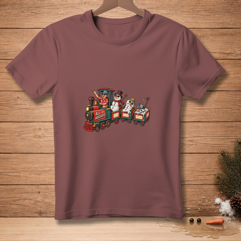 T-shirt with a Christmas train design featuring snowmen and the text "ALL ABOARD."
