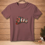 T-shirt with a Christmas train design featuring snowmen and the text "ALL ABOARD."