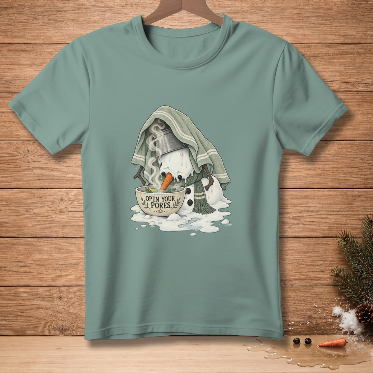 Melting snowman in a bowl of steam with text "Open Your Pores."