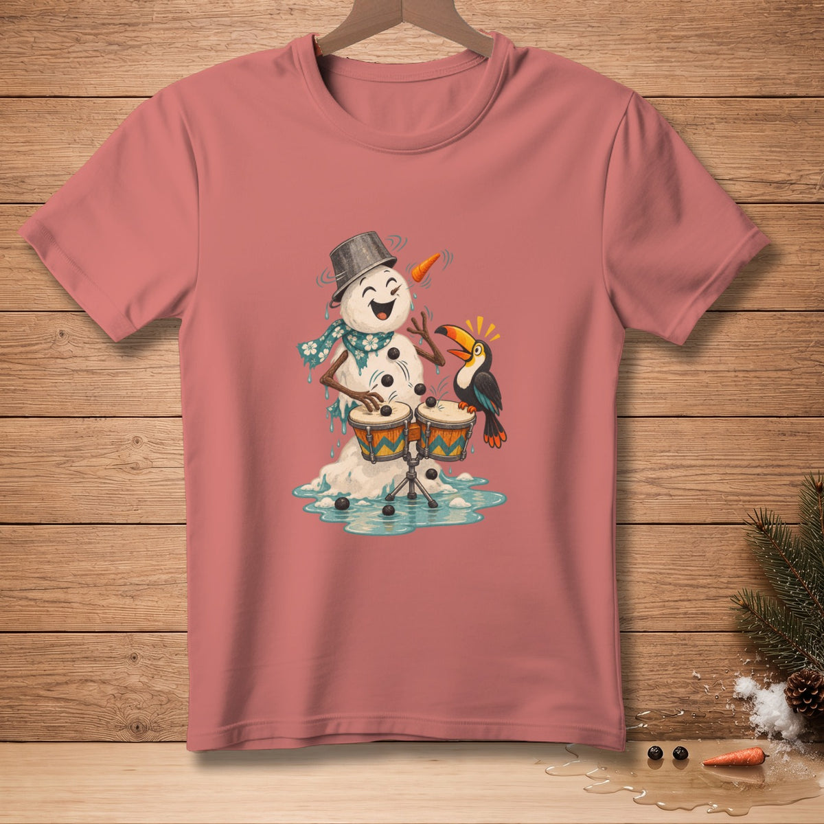 Snowman playing drums with a toucan on a coral t-shirt.