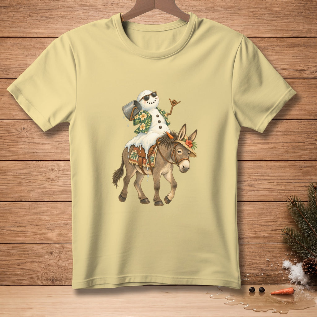 Snowman riding a donkey wearing a Hawaiian shirt and sunglasses, holding a bucket.