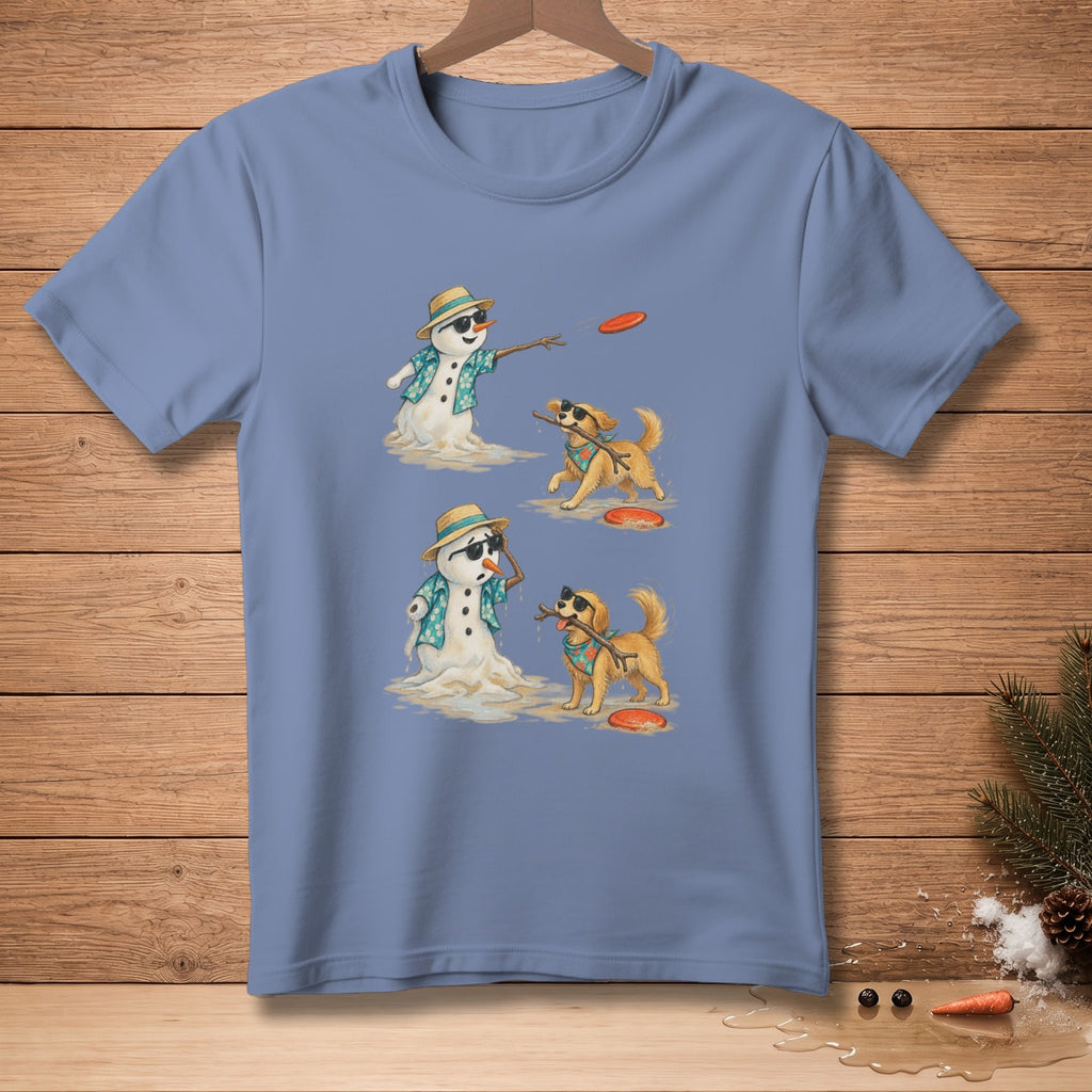 Two melting snowmen in Hawaiian shirts play frisbee with a golden retriever dog.