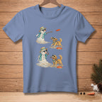 Two melting snowmen in Hawaiian shirts play frisbee with a golden retriever dog.